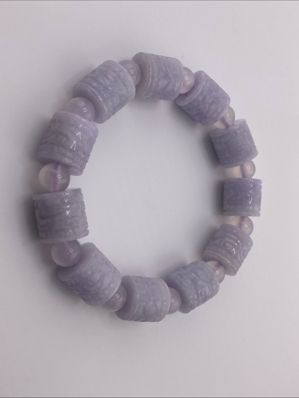 Genuine Lavender Jadeite Carved Barrel Bracelet - Natural Purple Icy Accents - Picture 2 of 5